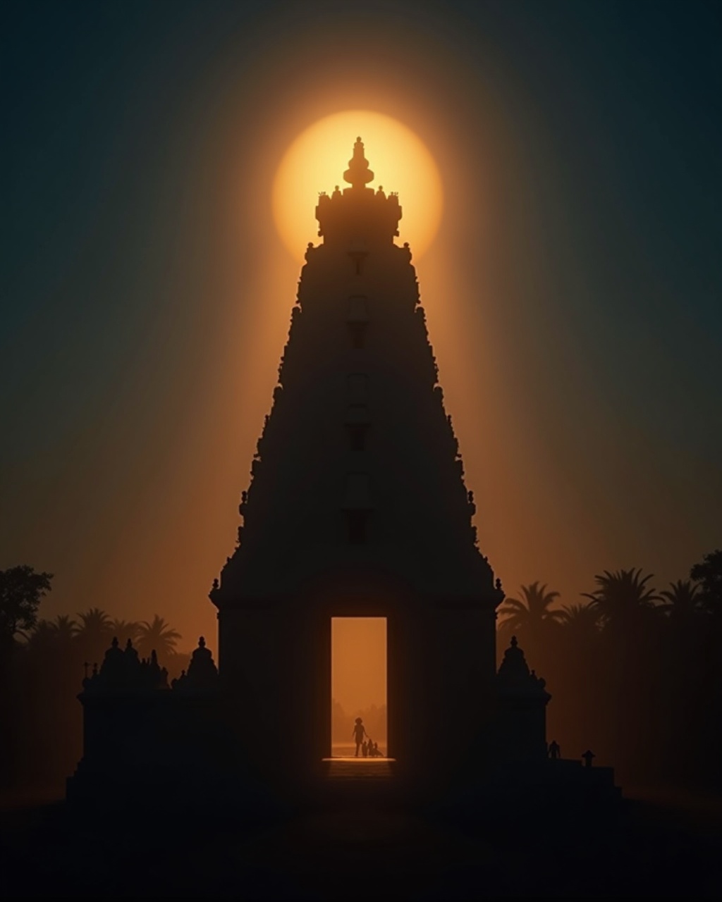 A temple gopuram at dawn