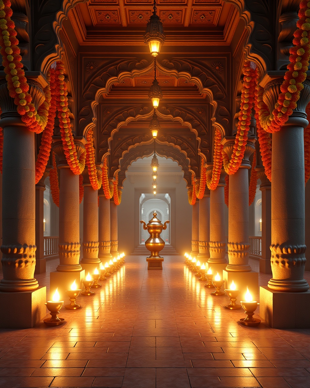 A temple kalyāṇa maṇḍapam adorned with flowers and lamps